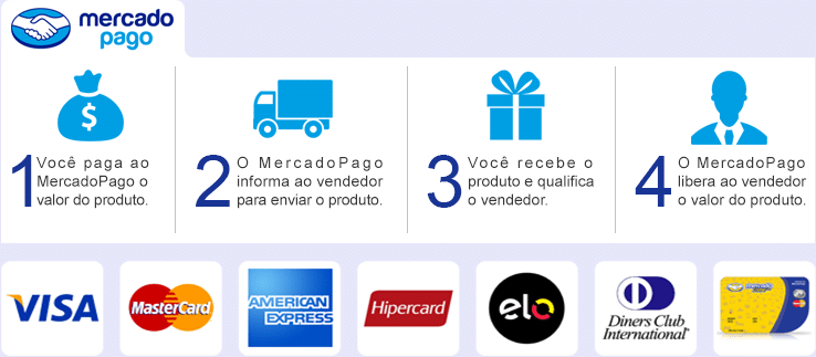 Como funciona: 1. Você paga ao Mercado Pago o valor do produto. 2. O Mercado Pago informa ao vendedor para enviar o produto. 3. Você recebe o produto e qualifica o vendedor. 4. O Mercado Pago libera ao vendedor o valor do produto. Cartões aceitos: Visa, MasterCard, American Express, Hipercard, Elo e Diners Club.